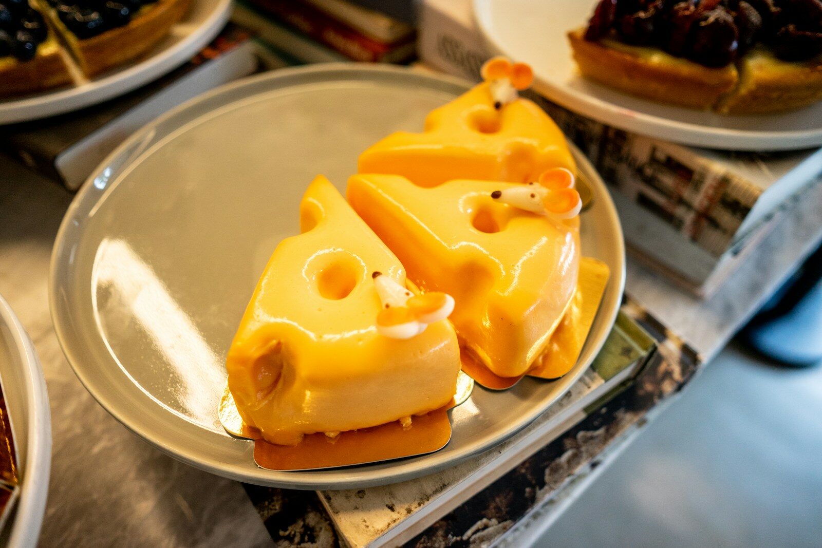 yellow cake on stainless steel tray